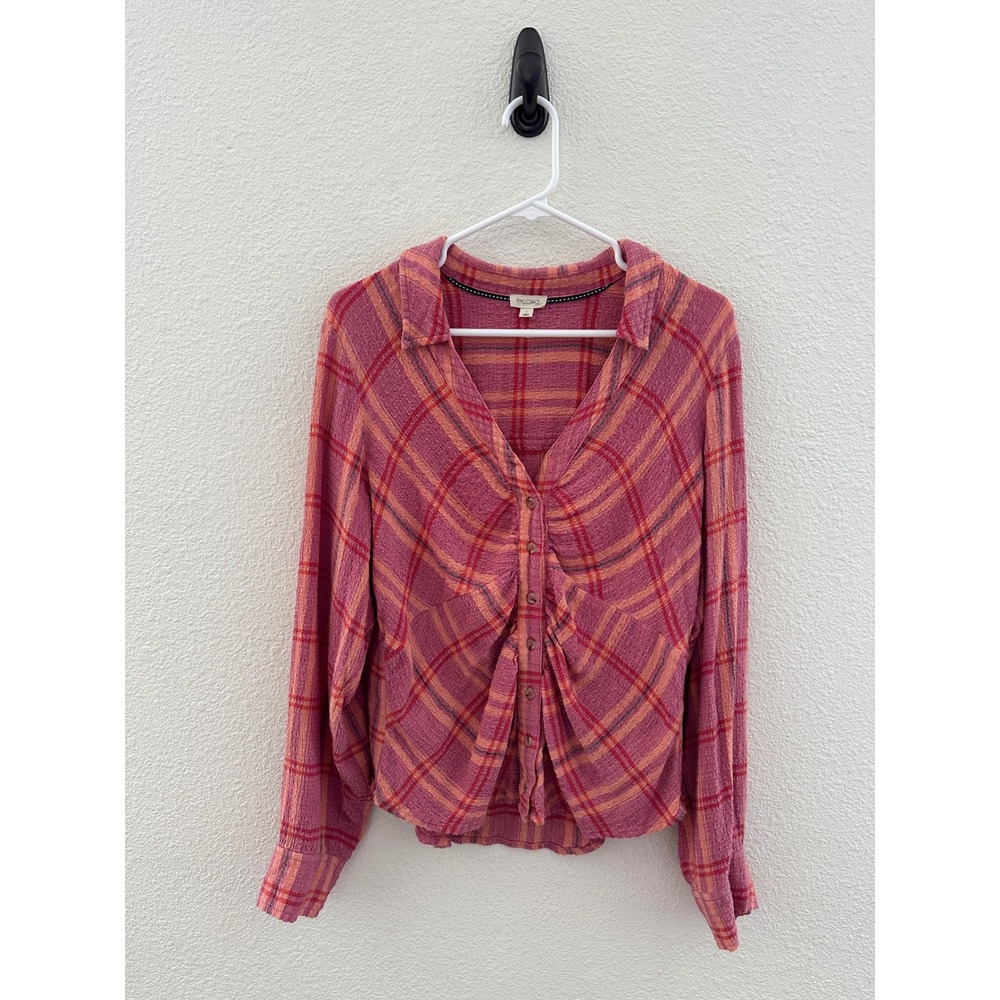 Anthropologie Pilcro Pink Orange Plaid Ruched Front Button Up Too Boho Casual L